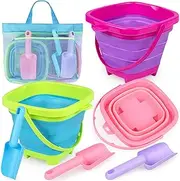 Collapsible Beach Buckets for Kids, Foldable Sand Buckets and Shovels with Mesh Bag, Silicone Sand Pails Travel Beach Toys for Toddlers Easter Egg Hunt, Camping and Fishing Water Pail