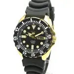 【金台鐘錶】SEIKO 精工(日本版) 透明錶背 水鬼 防水100米 機械錶 黑金 膠帶(日本版) SRP608J1