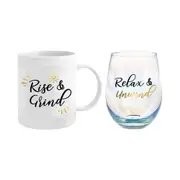 2pc Rise & Grind/Relax & Unwind 360ml/600ml Ceramic Mug & Stemless Glass Set