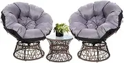 Gardeon Papasan Table and Chairs Wicker Outdoor Chair Side Desk, Patio Furniture Lounge Setting Garden Backyard Living Bedroom, 360 Degree Swivel with Soft Thick Cushion Glass Tabletop Brown
