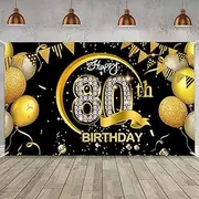 Costume Bay Black Gold Happy Birthday Backdrop Banner 180 * 110 cm Large Background Cloth Photo Party Large Decoration Sign for Birthday Party (Black - 80th, ONE)