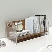 Hbluefat Acrylic Desktop Bookshelf Organizer, Small Wood Desk Bookcase, Multipurpose Tabletop Storage Shelf Rack for Home Office (Walnut)