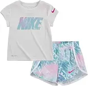 [Nike] Girl's Graphic-Print T-Shirt & Shorts 2 Piece Set (Emerald Rise(26G203-E8G)/White, 3T)