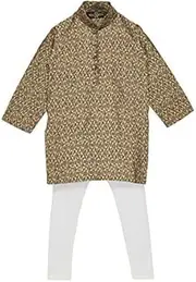[Sojanya] Boys' Designer Silk Kurta With Self Floral Motifs & Churidaar Set Gold