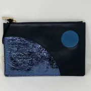 Whistles Leather Black Blue Small Mix Clutch Purse Cosmetics Case Zip Pouch NWT