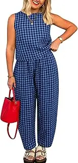 [HanZhuoAu] Women's Retro Plaid Print Suit Street Fashion Casual Sleeveless Vest Pants 2Piece Set