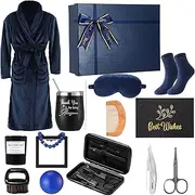 Nuogo 15 Pcs Birthday Gifts for Men Beard Care Set for Him Christmas Gifts Basket Ideas Kit for Men Tumbler Bath Robe for Dad Husband Boyfriend Box Christmas Gifts Baskets(Navy)