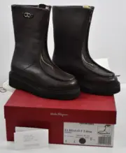 NIB Salvatore Ferragamo Sz 5 C Eurialo Brown Fur Lined Logo Gancini Zip Up Boots
