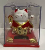 Solar Powered Maneki Neko Welcoming Lucky Hands Waving Fortune Cat In Red 3.25”