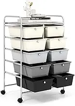 HOMGX Rolling Cart with 10 Drawers, 10 Tiers Multicolor Trolley, Drawer Bin Carts with 2 Lockable Wheels, Adjustable File & Debris Organizer Cart, Rolling Storage Cart for Office, School, Home