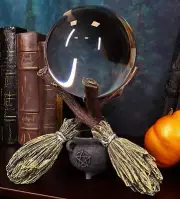 8"h Wiccan & Witchraft Cauldron Broomstick Crystal Ball Figurine Sculpture