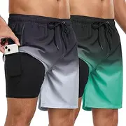 [ATOFY] Mens Swim Trunks with Compression Liner 7 Inch 2 Pack Swim Shorts 2 in 1 Quick Dry Board Shorts Beach Wear, Green02+grey02, Medium