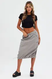 Grey Midi Skirt Mid Rise Cargo Drawstring Elastic Waist - Size 12, Women's Midi Skirt