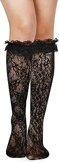 [Benefeet Sox] Lace Knee High Socks for Women Big Girls Ruffle Mesh Knee Highs Sheer Lolita Socks Black White Fishnet Stockings