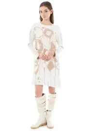 Elisa Cavaletti kurzes beiges Kleid mit Gold-Print EJW232019905 Gr. L / 40
