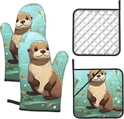 4 pcs Oven Mitts and Pot Holders Set 500°F Heat Resistant Oven Gloves and Hot Pads Kitchen Mittens Cartoon Cute Otter Cooking Gloves Potholders for Baking Grilling