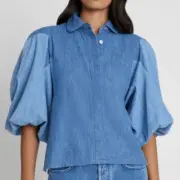 1572 NWT PUFF SLEEVE DENIM TOP IN STAR PATCHWORK BUTTON DOWN SIZE XS
