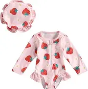 [Kutterild] Infant Baby Girl Bathing Suit Floral Print Zipper Swimwear and Sun Hat Set for Toddler Swimsuit Girl Beachwear, Pink, 9-12 Months