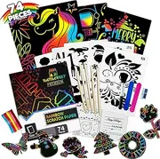 Raimarket Scratch Paper Art for Kids 74 Pcs, Rainbow Magic Boards Sheet with Stylus for Party, Games, Christmas, Easter and Birthday Gift