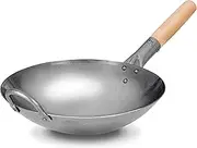 Craft Wok Traditional Hand Hammered Carbon Steel Pow Wok with Wood and Steel Helper Handle (12" Round Base) / 731W88-12in