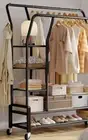 Simple black wardrobe rack with wheels, double lever, shelf, 4 hooks, storage.