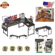 L-Shaped Computer Desk with Monitor Stand & Storage Bag - Black Modern Style