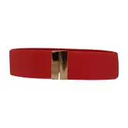 Women Red Elastic Waistband Wide Belt Gold Metal Buckle S M Fashion Accessory