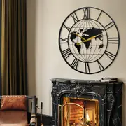 Yezi 75cm Wall Clock Silent World Map Modern Big Roman Numeral Metal Home Office