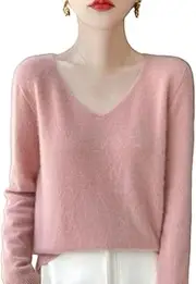 [Generic] Women's Cashmere Wool V-Neck Sweater - Seamless Long Sleeve Pullover, Premium Knit Ribbed Tops Ready-to-Wear
