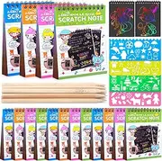 16 Pack Drawing Notebook Set, Scratch Art Paper Rainbow Mini Notes, Sketch Drawing Pad for Kids Party Favors（with 16 Wooden Stylus & 4 Drawing Stencils）