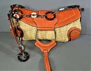 DOLCE GABBANA Orange Leather Beige WickerTote Shoulder Bag Cross Body NEW $1746