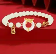 Lucky White Jade Circle & White 6mm Beaded Year of the Dragon - Stretch Bracelet
