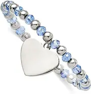 [JewelryWeb] 6mm Stainless Steel Polished Love Heart Dangle Blue Glass Beaded Stretch Bracelet-Stretch-Bracelet for Women