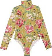 [voucong] Spring Flowers Peonies Dianthus Butterflies Bees Gold_1 long sleeve Bodysuits for Women Pack Women'S Shapewear Bodysuits Cute Tops for Women Going Out Mock Turtle Neck Medium size, Spring Flowers
