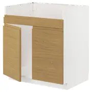 METOD base cab f HAVSEN double bowl sink, white/Voxtorp oak effect, 80x60x80 cm