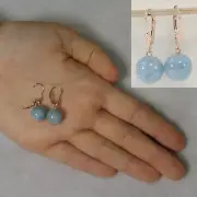 14kt Solid Rose Gold Leverback 10mm Blue Aquamarine Bead Dangle Earrings TPJ