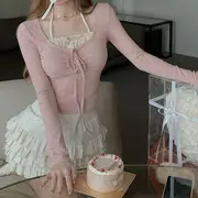 Balletcore Long-Sleeve Halter Bow Frill Mock Two Piece T-Shirt / High Waist Plain Tiered Mini A-Line Skirt T-Shirt - Pink - S