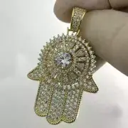 2.0Ct Round Cut Real Moissanite Hamsa Hand Pendant 14K Yellow Gold Plated Silver