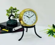Nautical Gold & Black Aluminium Table Clock, Brass Round Clock With Black Stand