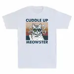 CAT CUDDLE UP MEOWSTER 有趣的貓復古男士短袖 T 恤棉 T 恤