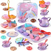 DULCE DOM 48Pcs Tea Set for Little Girls,Kids Pretend Play Toys Tea Set and Carrying Case,Rainbow Magic Unicorn Design for Princess Girls Toddlers Ages 3 4 5 6 7