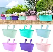LaLaGreen Outdoor Hanging Planter (6 Pack, 11.2 Inch) Light Pink, Light Purple, Turquoise, Light Blue, Dark Purple, Cadet Blue Metal Iron Window Box Flower Pot Deck Railings Fence Porch Garden Decor