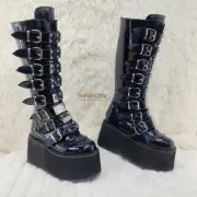 Damned 318 Multi Strap Goth Punk 3.5" Platform Boot Black Patent DEMONIA