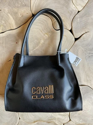 Cavalli Class Black Shopper Tote Bag Cinque Ruched Shoulder Purse