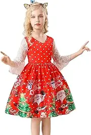 [outret] Toddler Christmas Dress,Christmas Children's Dress - Children's Christmas Dress Girls Snowmen, Santa, Bells Print Party Dresses Peach Red