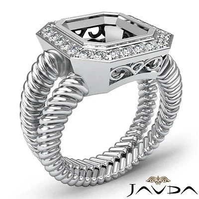 Halo Bezel Emerald Cut Semi Mount Diamond Engagement Ring 18k White Gold 0.35Ctw