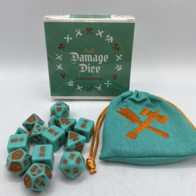 Gyld Dice Set: Bludgeoning Damage - Acrylic, Blue Teal w/ Copper, 14 Dice w/ Bag
