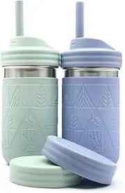 Elk and Friends Stainless Steel Cups |14 oz Mason Jar Design | Kids & Toddler Cups with Silicone Sleeves & Straws with Stopper | Smoothie Cups | Dishwasher Safe