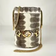 Gucci Zumi White/Gray Snakeskin Mini Drawstring Bucket Chain Bag 576432 9599