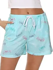 [MIA LUCCE] Women's Cotton Pyjama Bottoms, Sleep Shorts, Women's Short with Pockets and Drawstring, S-XXL, Light Blue Butterfly, Large
